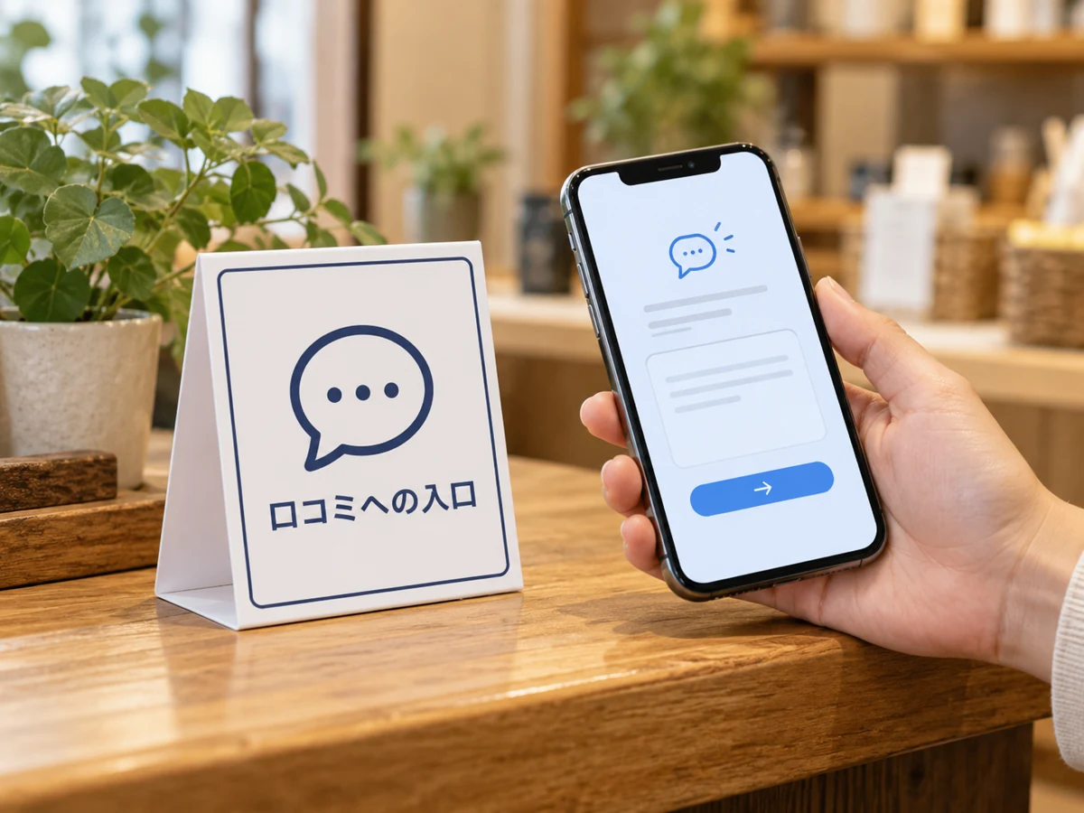 口コミ案内の卓上POPにスマートフォンをかざすイメージ